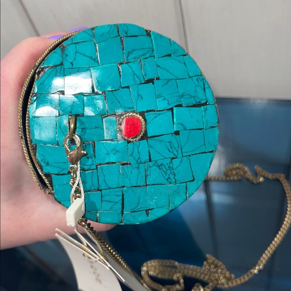 Antik Kraft Mosaic Turquoise Accented Clutch Shoulder Crossbody Chain Strap Bag - Picture 3 of 9